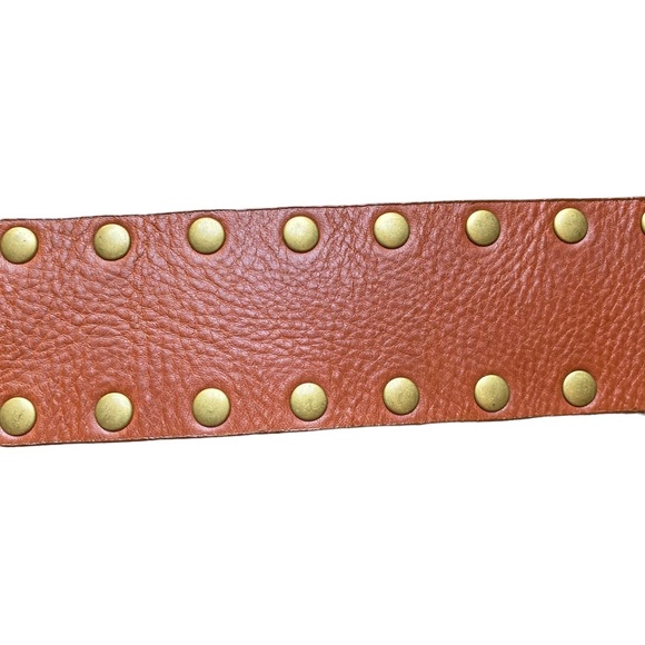 EUC - Calvin Klein Studded Leather Belted with Round Brass Floral Buckle - Picture 3 of 5